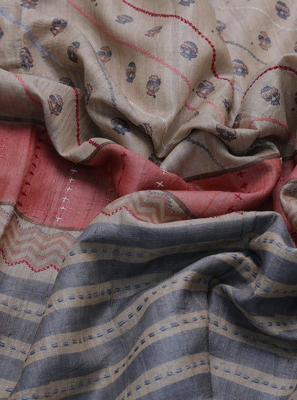 Beige-Rust Tussar Kantha Embroidery Saree
