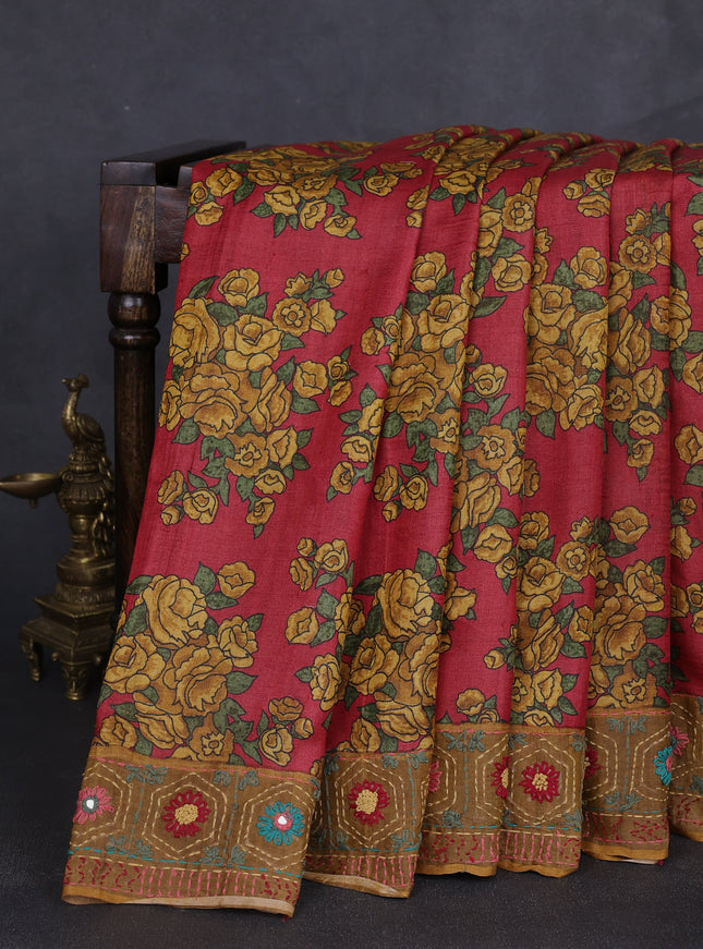 Red-Mustard Tussar Kantha Embroidery Saree