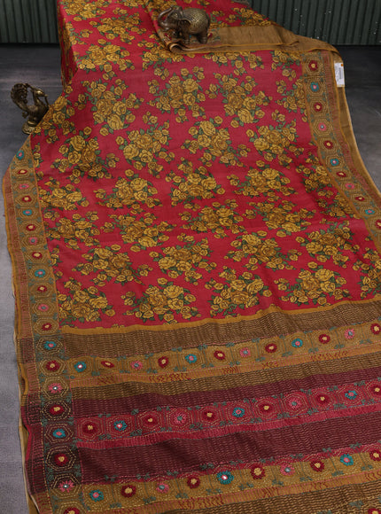 Red-Mustard Tussar Kantha Embroidery Saree