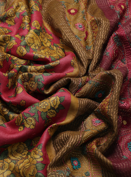 Red-Mustard Tussar Kantha Embroidery Saree
