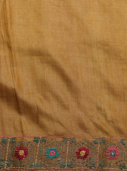Red-Mustard Tussar Kantha Embroidery Saree