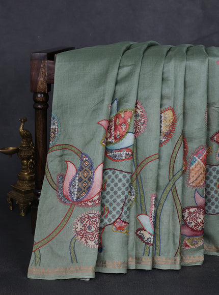 Pista Green Tussar Kantha Embroidery Saree