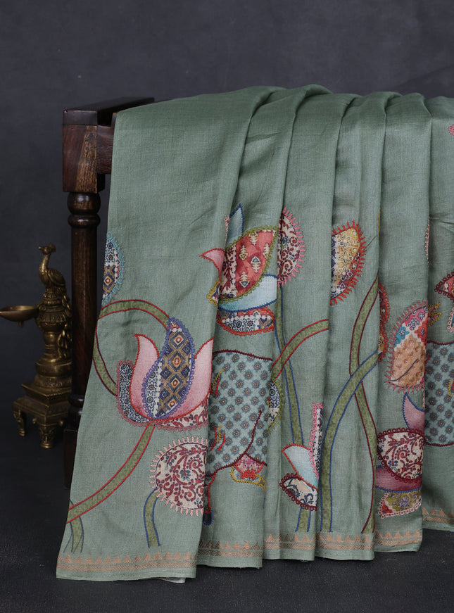 Pista Green Tussar Kantha Embroidery Saree