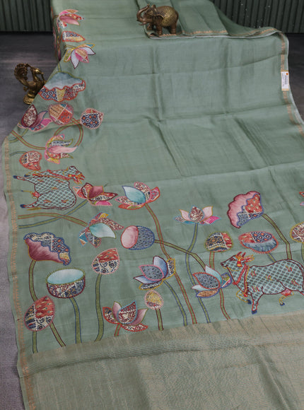 Pista Green Tussar Kantha Embroidery Saree