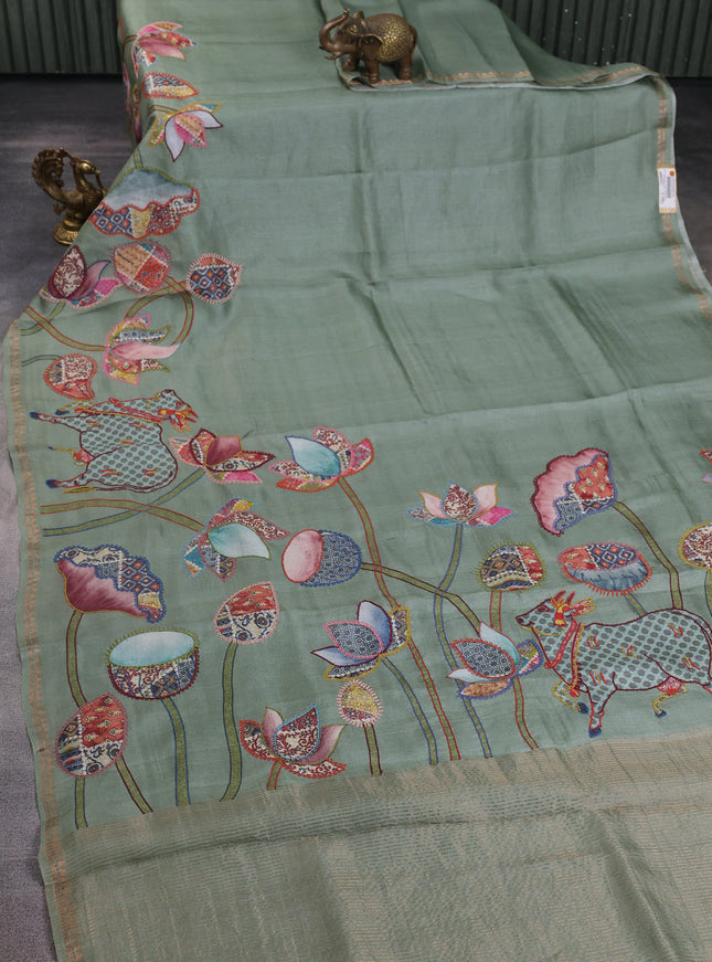 Pista Green Tussar Kantha Embroidery Saree