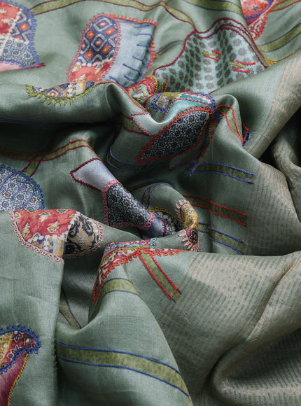 Pista Green Tussar Kantha Embroidery Saree
