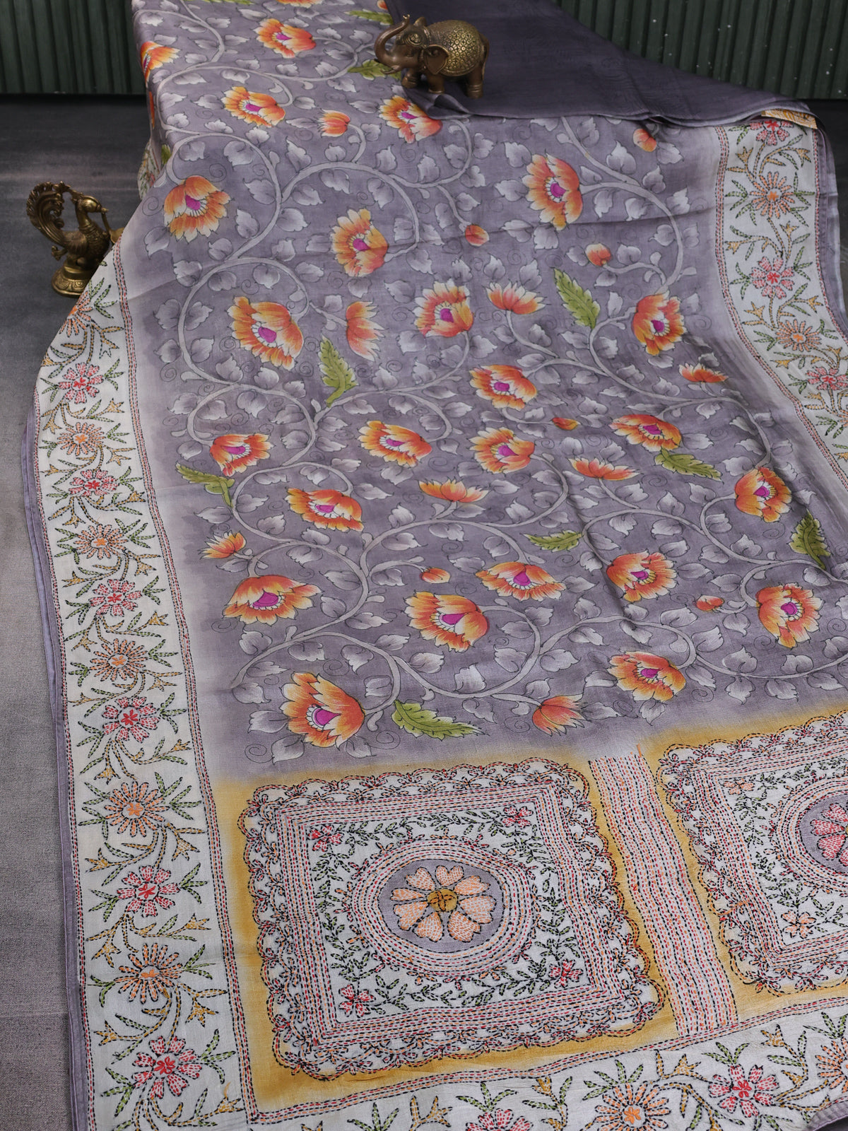 Grey-Off White Tussar Kantha Embroidery Saree
