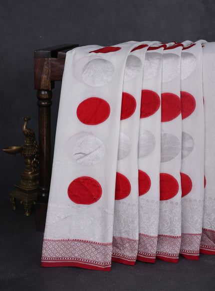 Off White -Red Banarasi Tussar Silk Saree