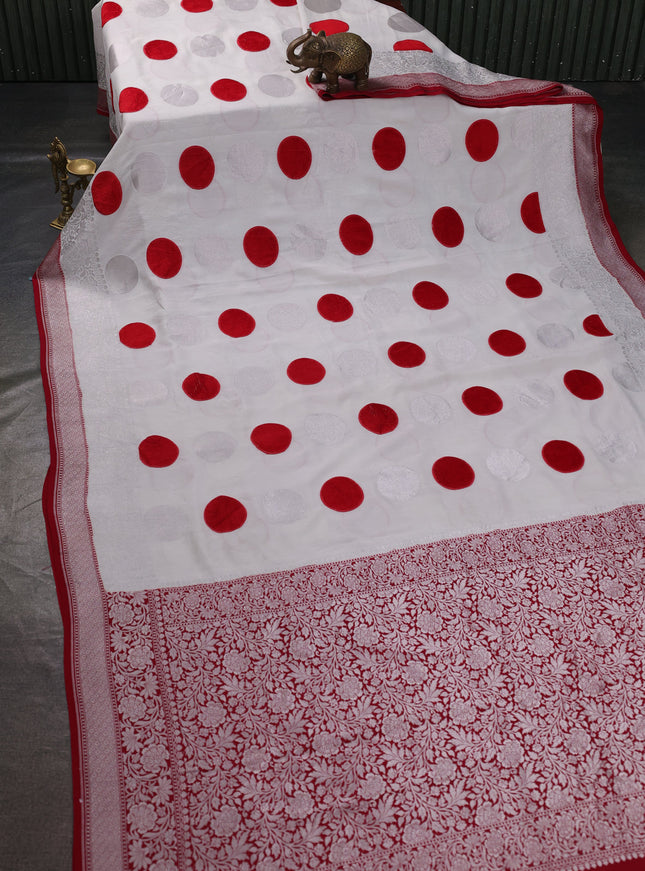 Off White -Red Banarasi Tussar Silk Saree