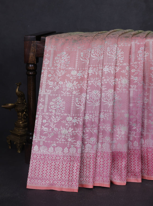 Multi Colour-Coral Pink Banarasi Tussar Silk Saree