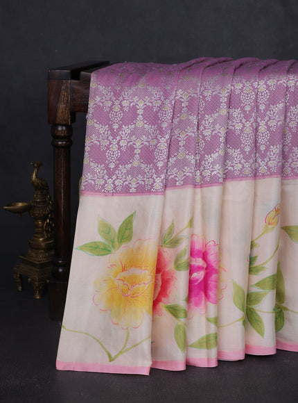 Lavender-Beige Banarasi Tussar Silk Saree