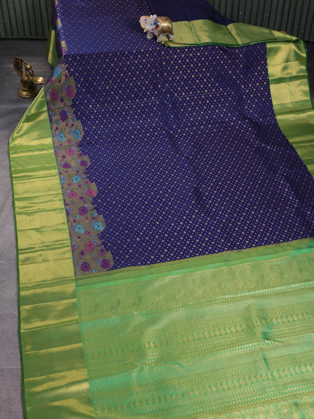 Royal Blue - Green Pure Kanchipuram Silk Saree