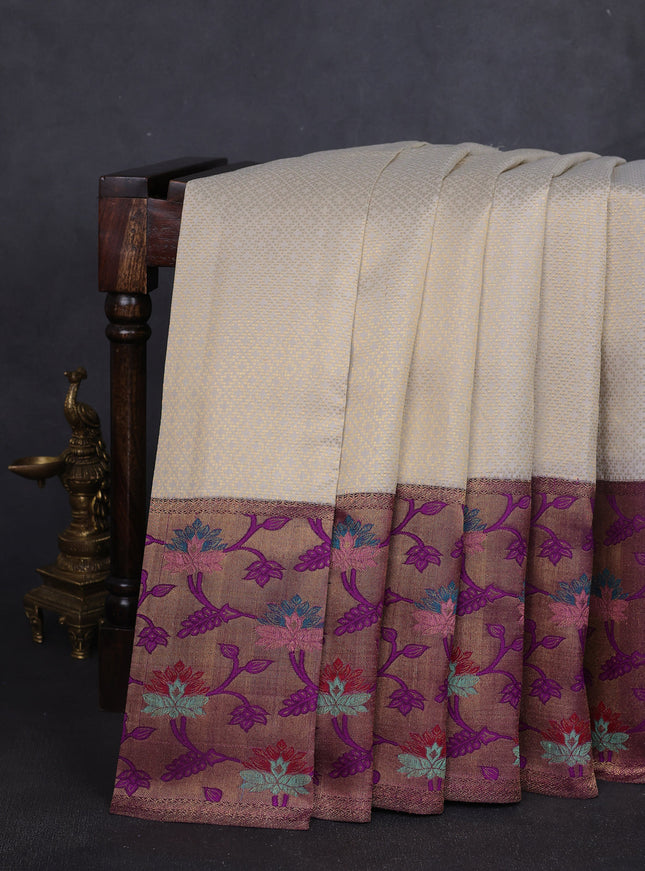 Off White - Purple Pure Kanchipuram Silk Saree