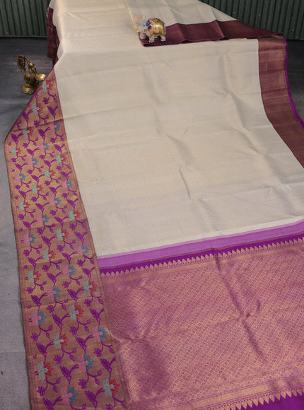 Off White - Purple Pure Kanchipuram Silk Saree