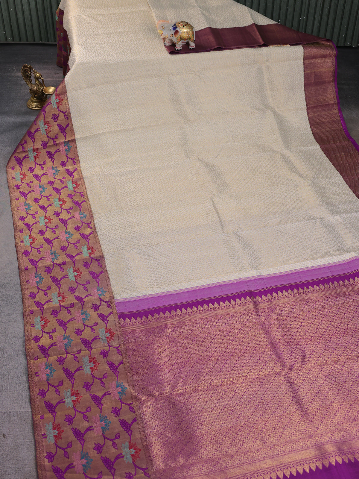 Off White - Purple Pure Kanchipuram Silk Saree