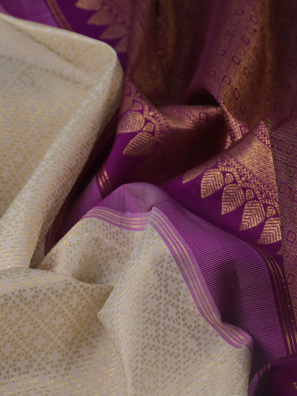 Off White - Purple Pure Kanchipuram Silk Saree