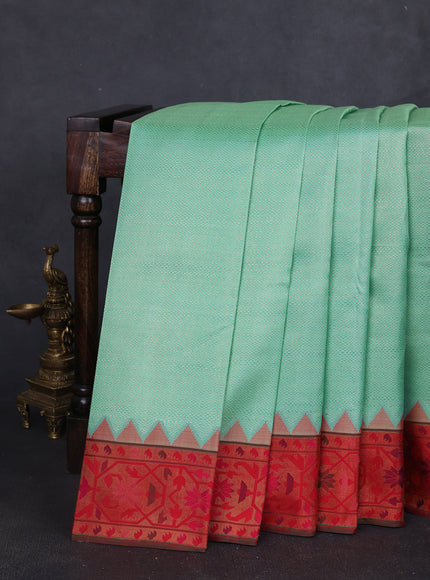Teal Blue - Red Pure Kanchipuram Silk Saree