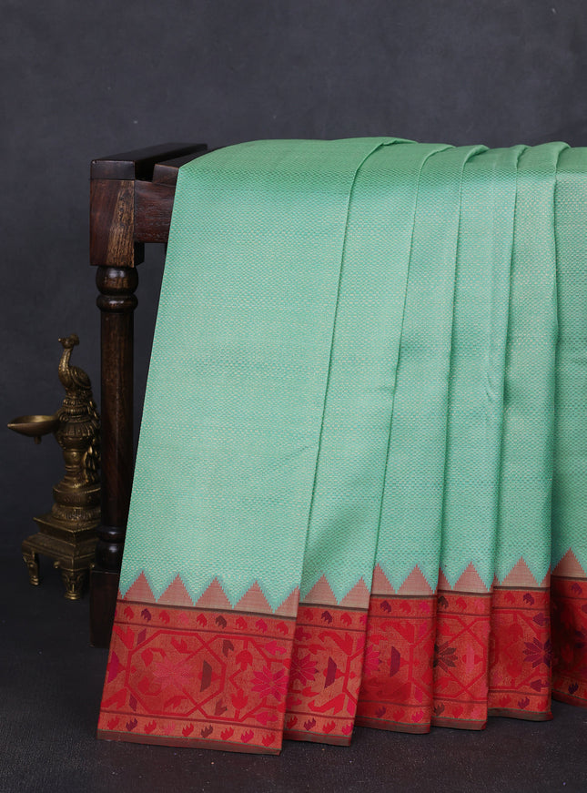 Teal Blue - Red Pure Kanchipuram Silk Saree