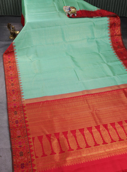 Teal Blue - Red Pure Kanchipuram Silk Saree