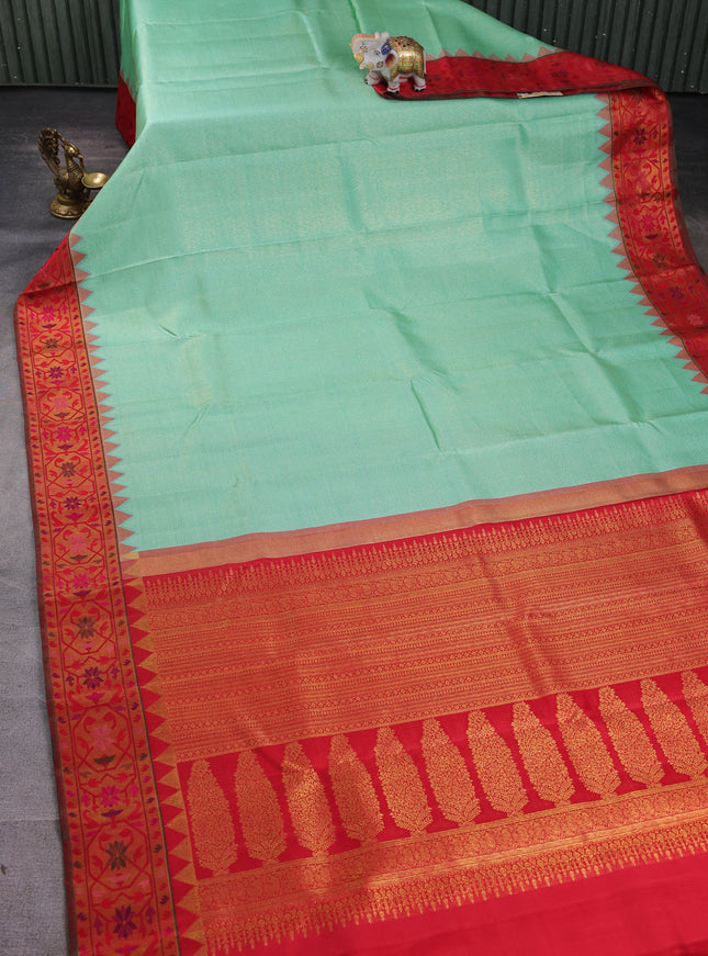 Teal Blue - Red Pure Kanchipuram Silk Saree