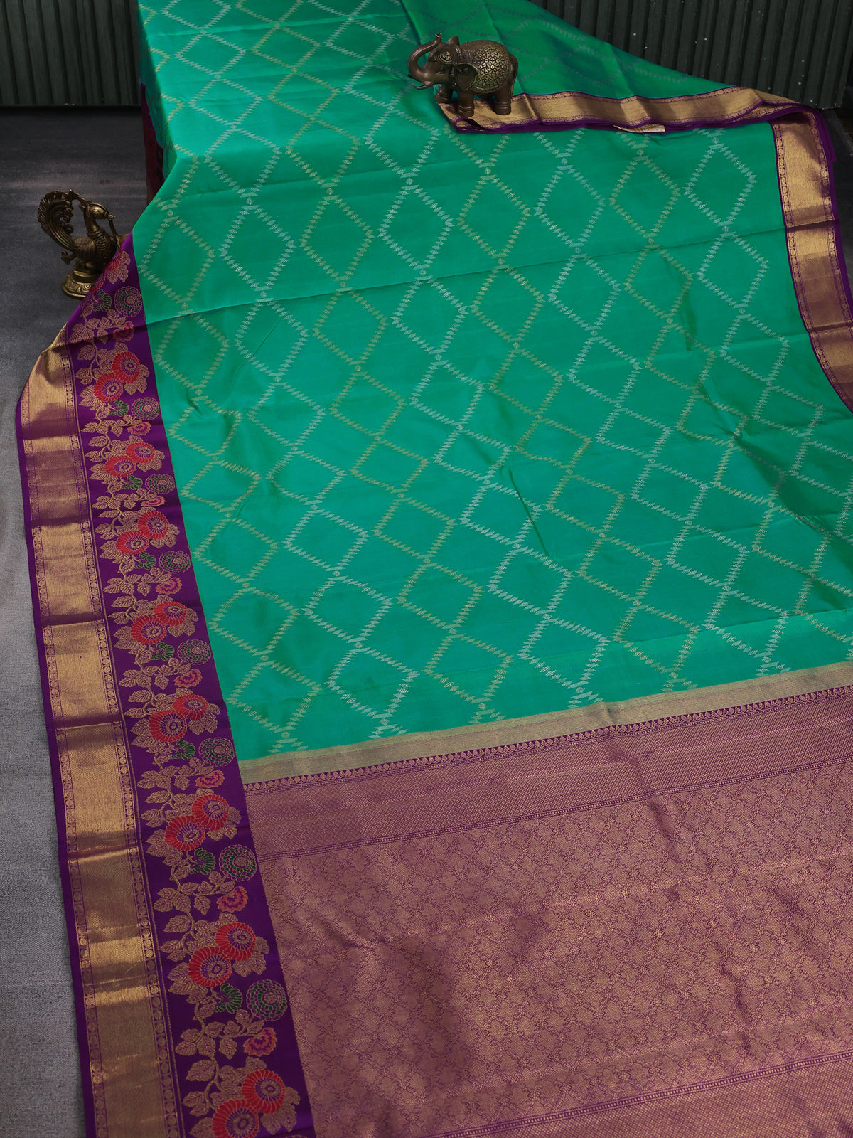 Teal Green -Purple Pure Kanchipuram Silk Saree