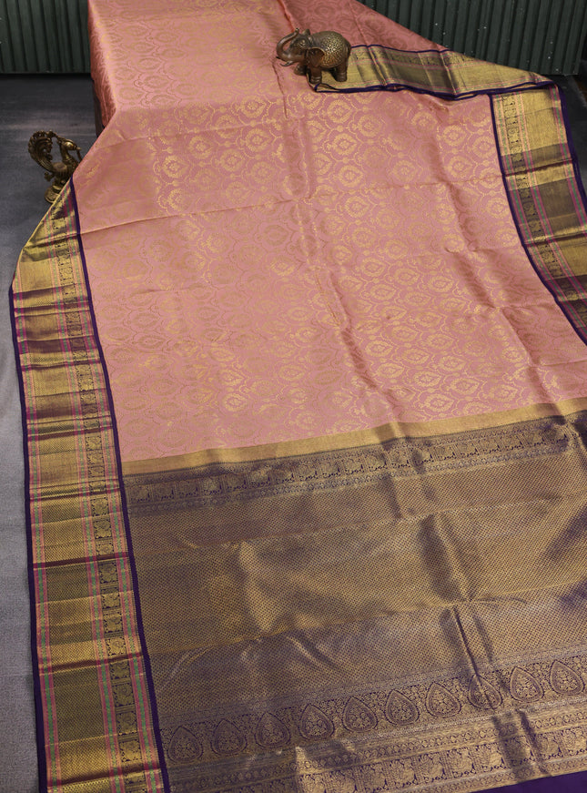 Peach - Navy Blue Pure Kanchipuram Silk Saree
