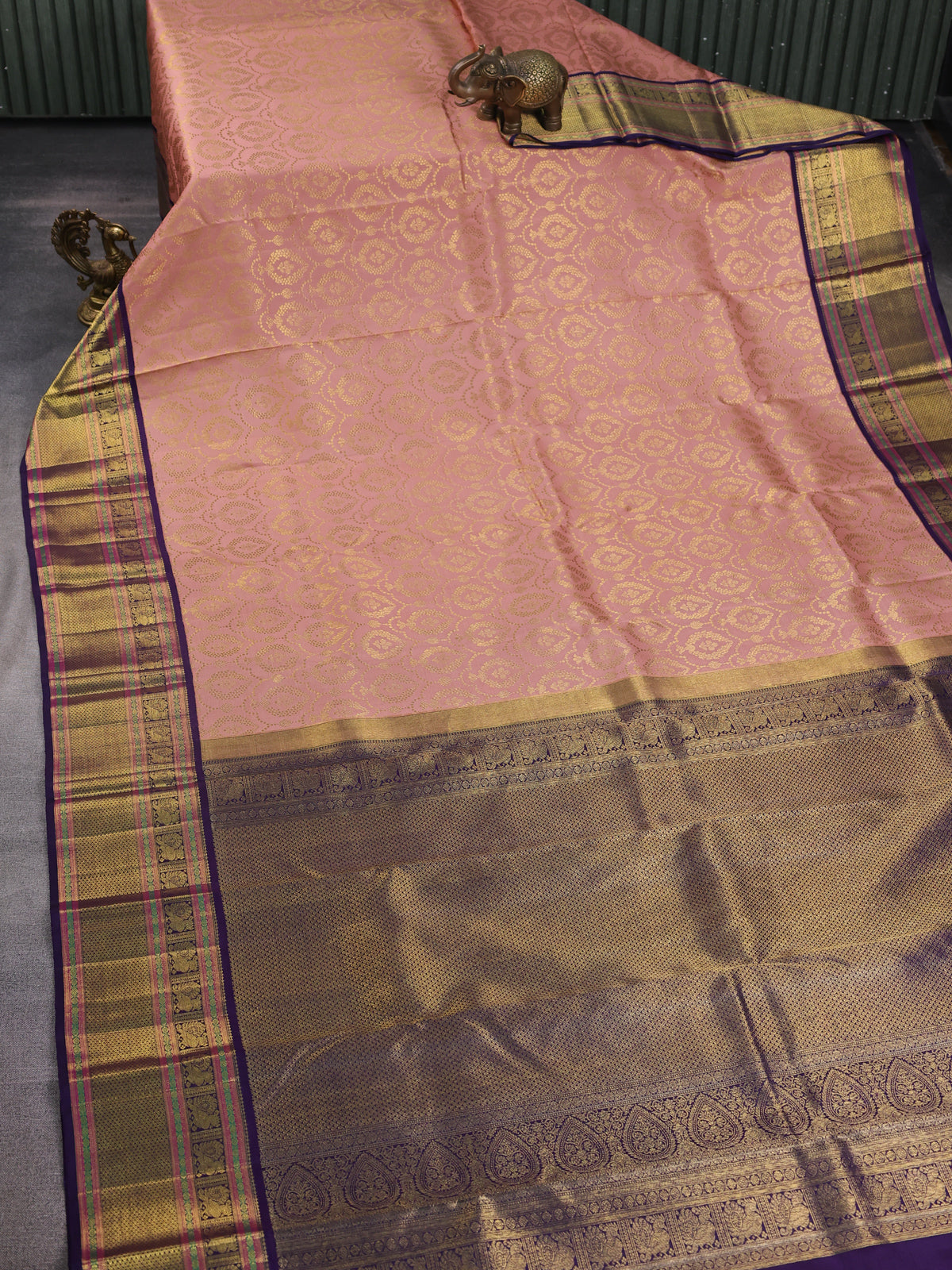 Peach - Navy Blue Pure Kanchipuram Silk Saree