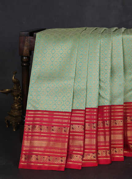 Pista Green - Red Pure Kanchipuram Silk Saree