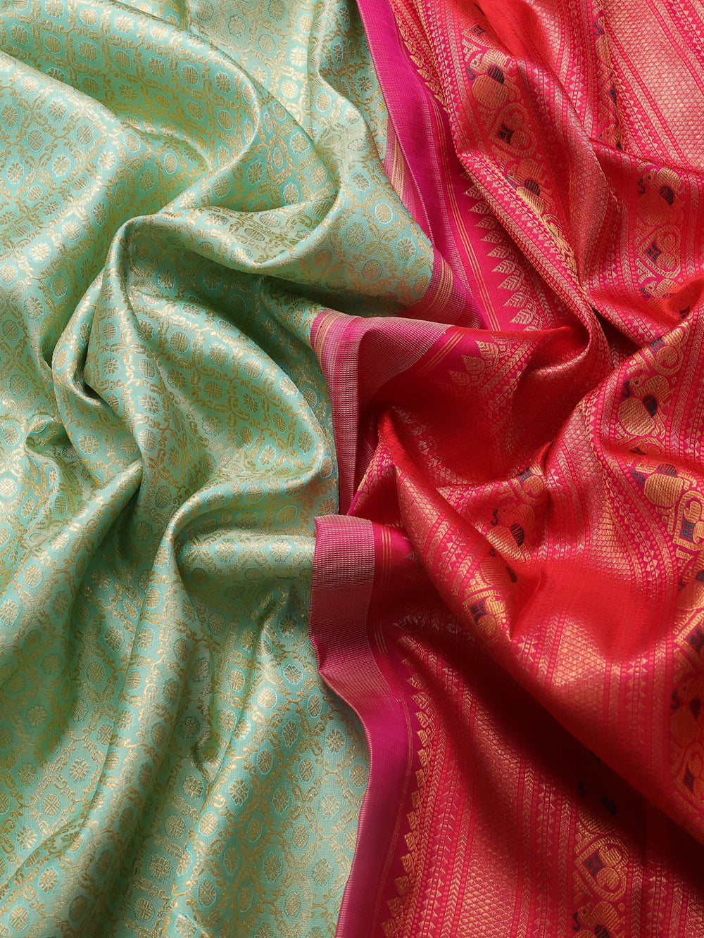 Pista Green - Red Pure Kanchipuram Silk Saree