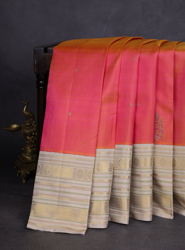 Pinkish Orange-Beige Pure Kanchipuram Silk Saree