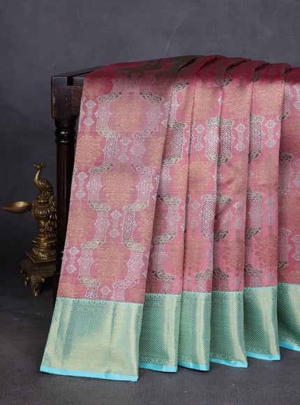 Dusty Peach-Sea Green Pure Kanchipuram Silk Saree