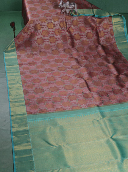 Dusty Peach-Sea Green Pure Kanchipuram Silk Saree