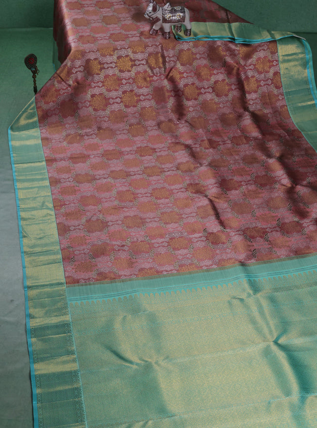Dusty Peach-Sea Green Pure Kanchipuram Silk Saree