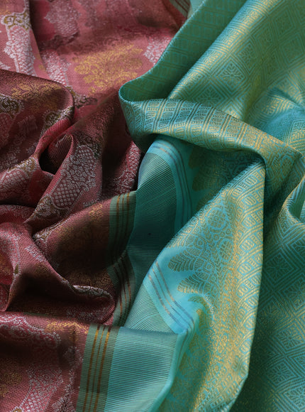 Dusty Peach-Sea Green Pure Kanchipuram Silk Saree