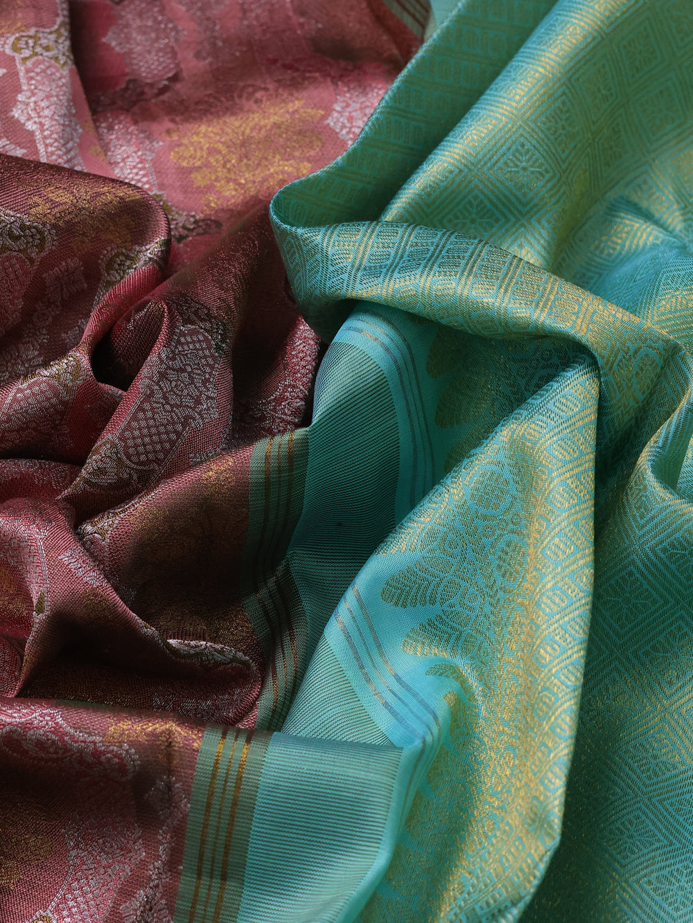Dusty Peach-Sea Green Pure Kanchipuram Silk Saree