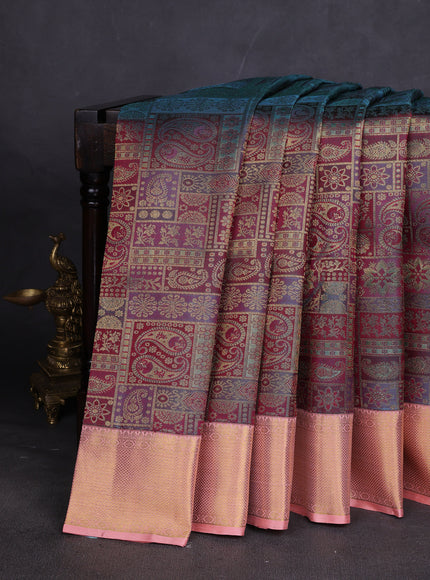 Teal-Peach Pure Kanchipuram Silk Saree