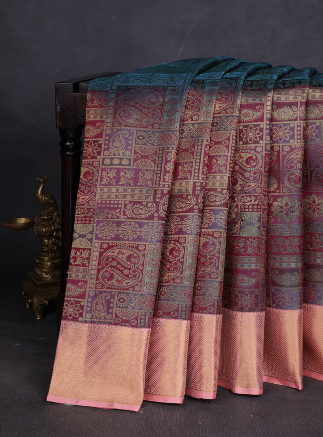 Teal-Peach Pure Kanchipuram Silk Saree