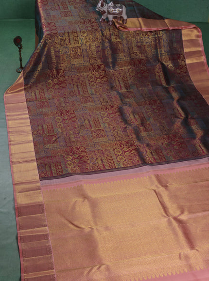 Teal-Peach Pure Kanchipuram Silk Saree