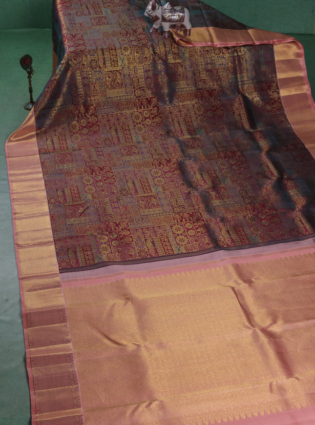 Teal-Peach Pure Kanchipuram Silk Saree