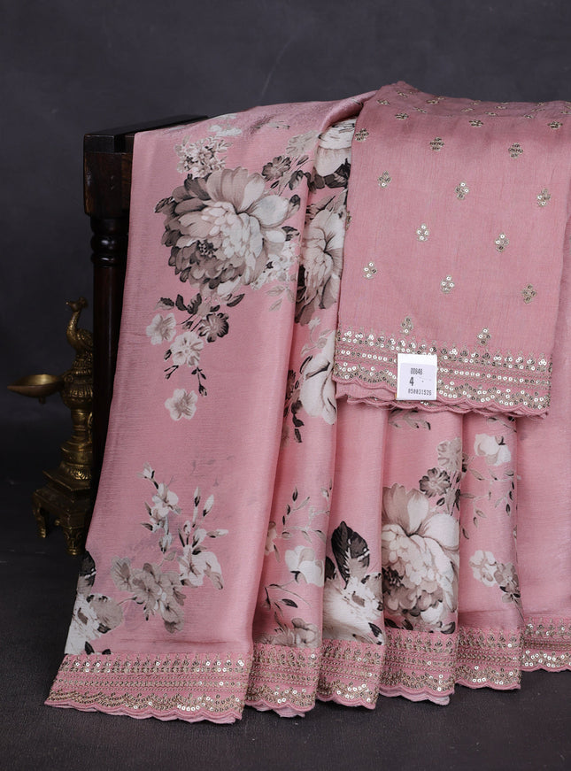 Peach Crepe Embroidery Saree