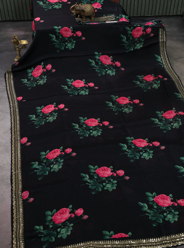 Black Crepe Embroidery Saree