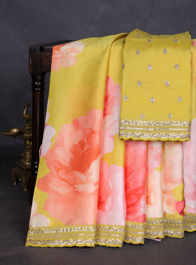 Mustard Yellow Crepe Embroidery Saree