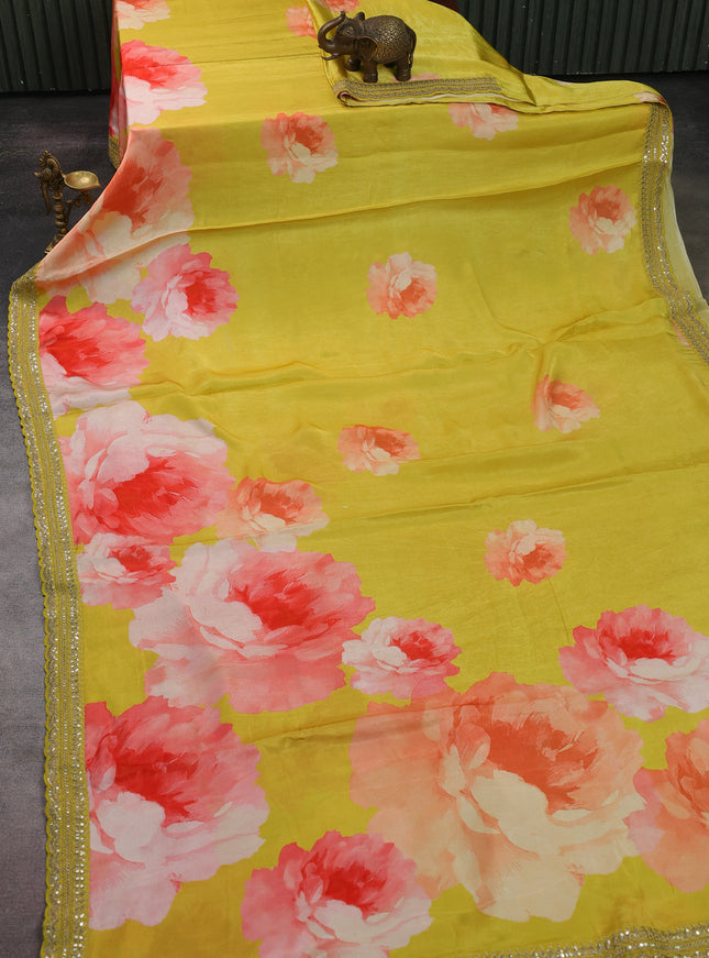 Mustard Yellow Crepe Embroidery Saree