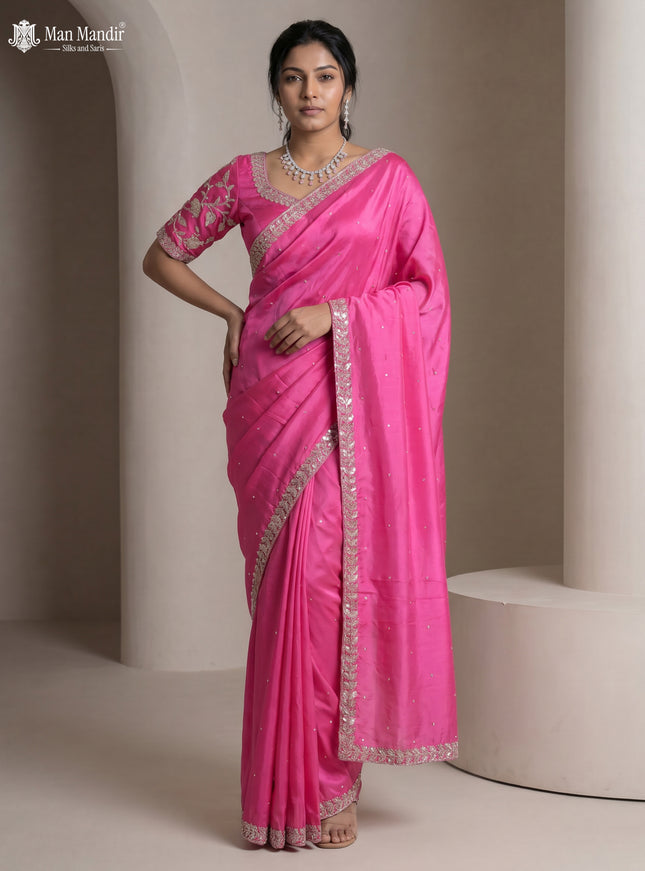 Rani Pink Satin Crepe Designer Saree With Sequins Readymade Blouse
