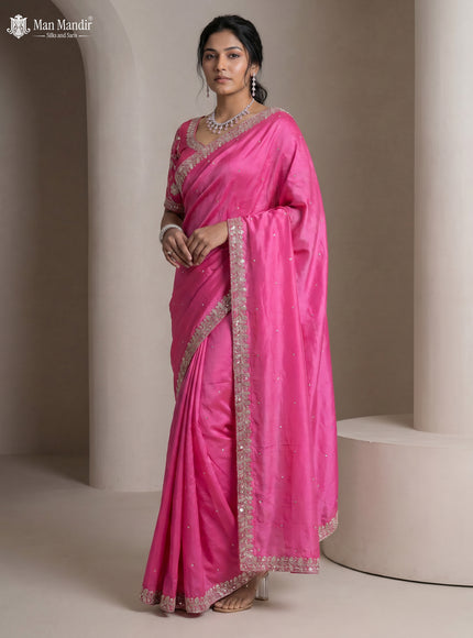 Rani Pink Satin Crepe Designer Saree With Sequins Readymade Blouse