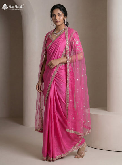 Rani Pink Satin Crepe Designer Saree With Sequins Readymade Blouse