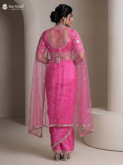Rani Pink Satin Crepe Designer Saree With Sequins Readymade Blouse