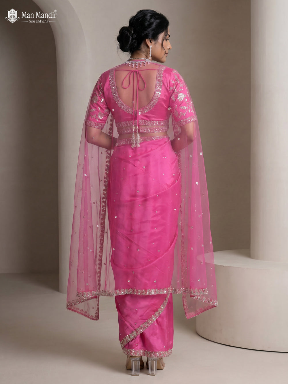 Rani Pink Satin Crepe Designer Saree With Sequins Readymade Blouse