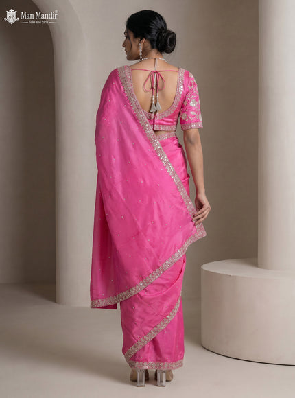Rani Pink Satin Crepe Designer Saree With Sequins Readymade Blouse