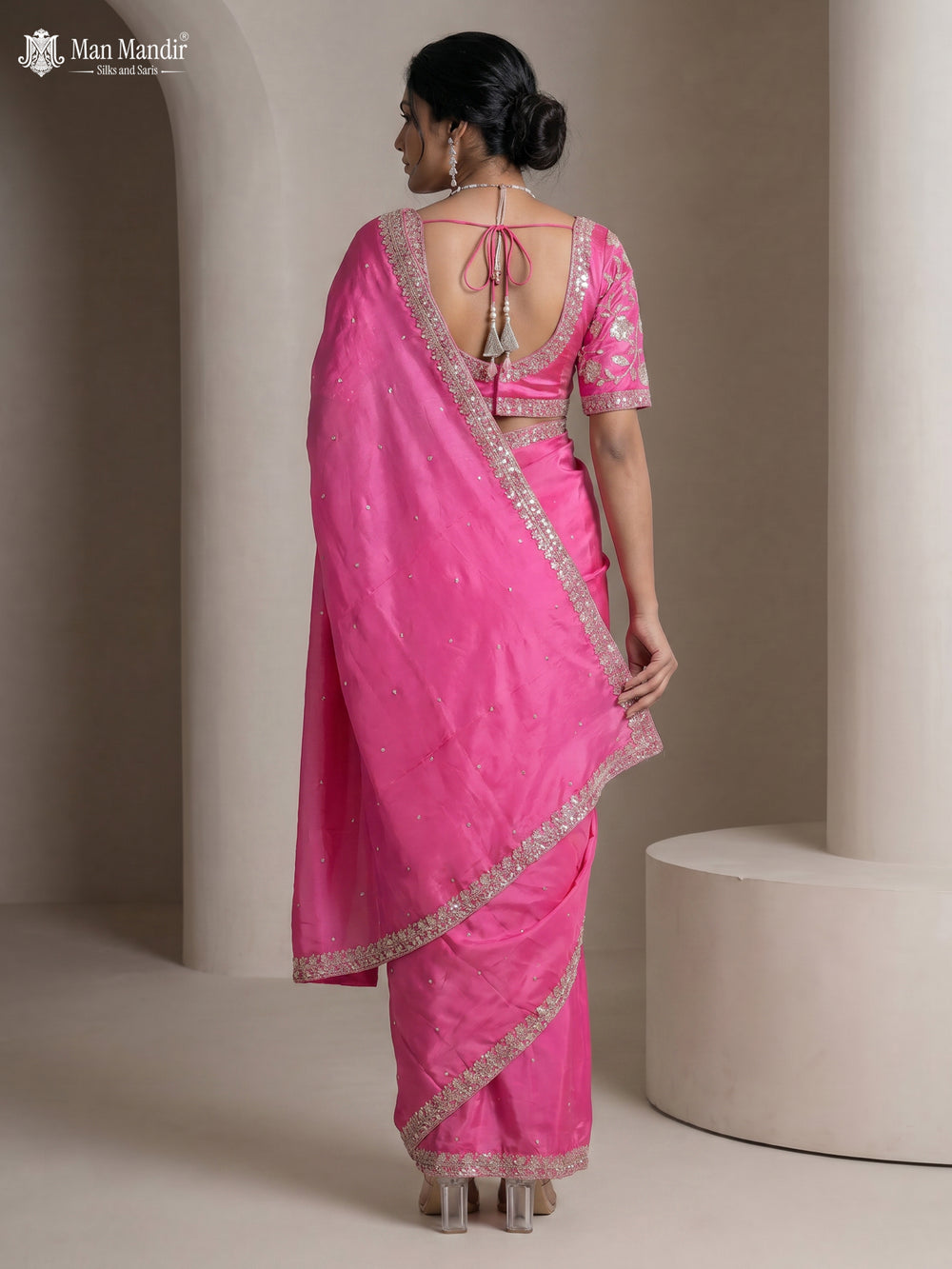 Rani Pink Satin Crepe Designer Saree With Sequins Readymade Blouse